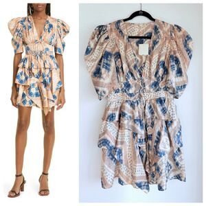 NEW Ulla Johnson Womens Zita Mixed Print Silk Dress in Fossil Peach & Blue Sz 12